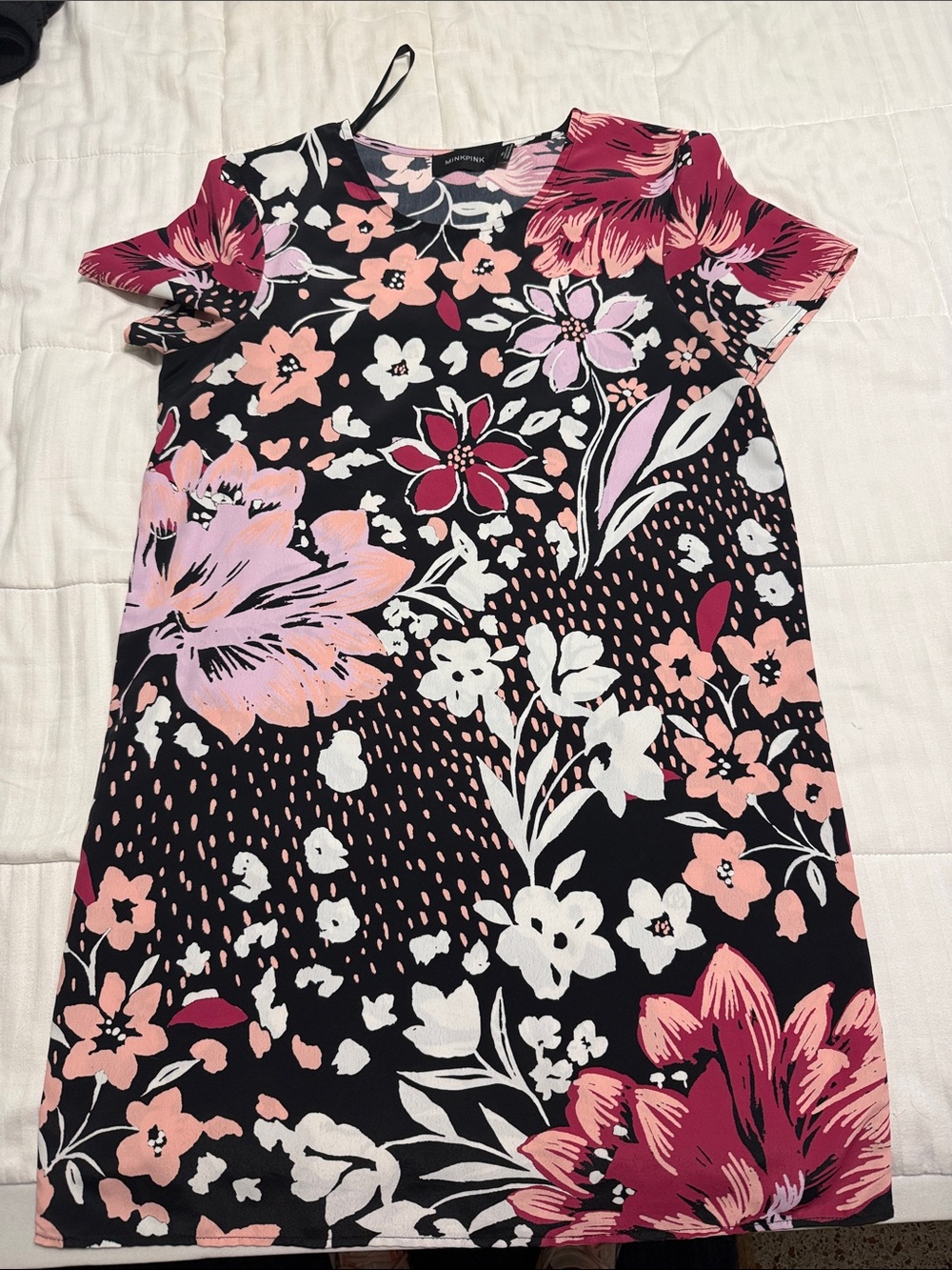 MINKPINK Black Floral Shift Dress with Pink and White Blooms